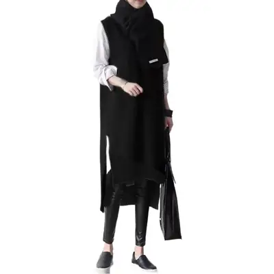 2024 Black Knitted V-Neck Vest Dress with Long Scarf