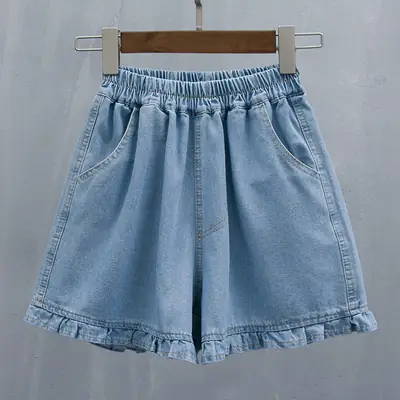 Light Blue Denim Shorts with Elastic Waist & Ruffled Hem