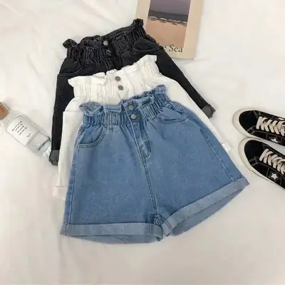 Women Denim Shorts Cream Elastic Waist Large