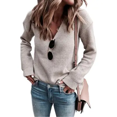 2026 V-Neck Knitted Women's Sweater Beige