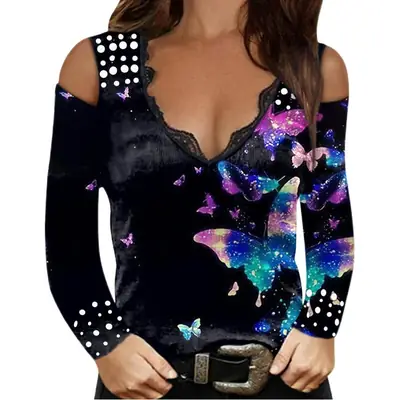 2022 Long Sleeve Printed V-Neck Lace Top