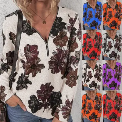 Women's Orange Floral Zipper Pullover Top