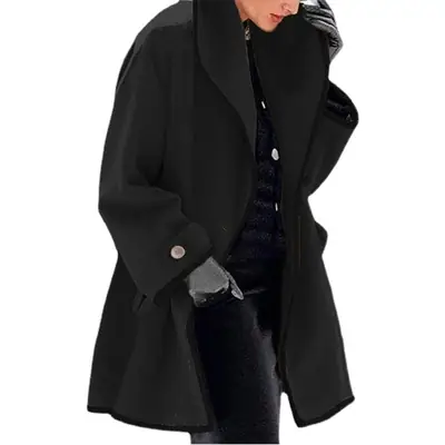 2021 Hooded Woolen Women's Coat Beige Black Trim