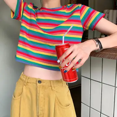 Women Rainbow Stripes Short Sleeve T-Shirt Top