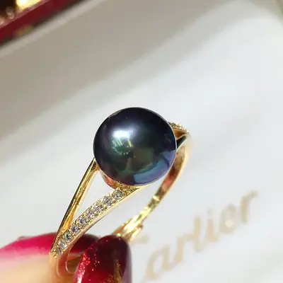 Women's Pearl Ring Black 7-8mm 18K Gold Plated