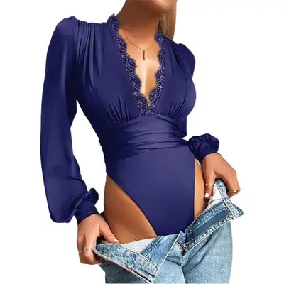Purple Lace Trim Slim Bodysuit with Cut Out Back