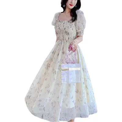 French Ink Floral Chiffon Dress Puff Sleeve Elegant Sweet Mid-Length Skirt