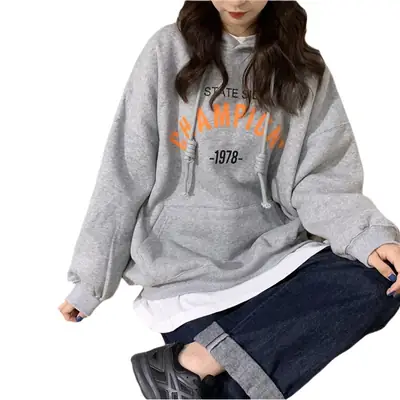 Women Grey Letter Hooded Sweatshirt 2025 Autumn