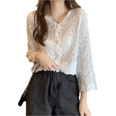 Hollow Knitted Sunscreen Blouse Women Spring Autumn