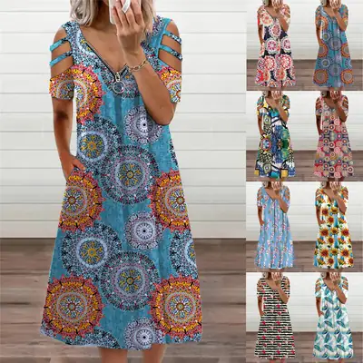2022 Printed Off-shoulder V-Neck Summer Dress for Women