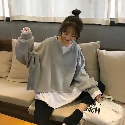 2025 Korean Style Loose Grey Sweatshirt Women