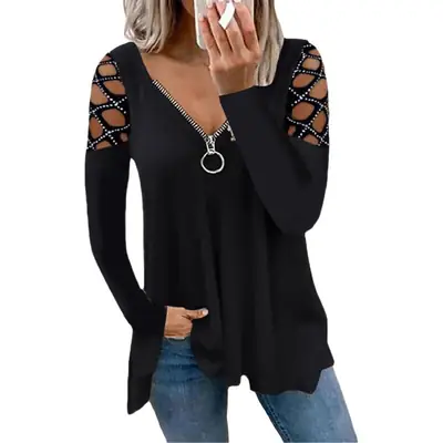 Women V-neck Hollow Sleeve Top Blue 2023