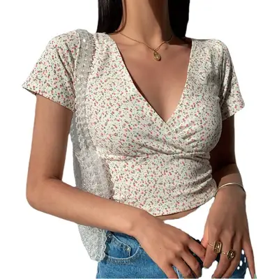Women White Floral Cross Neck Top Short Crop Summer 2025