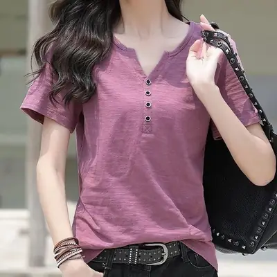 Women V Neck Button T-Shirt Green Loose Large