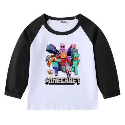 Minecraft Boys Girls Cotton T-Shirt Red White Long Sleeve