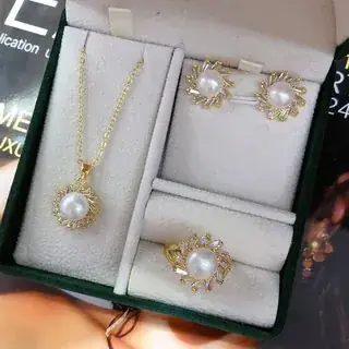 Pearl Necklace Set Gold Plated 8-9mm Women