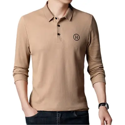 Men's Orange Polo Shirt Long Sleeve Solid Color