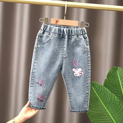 Girls Denim Capri Pants Pink Bunny Embroidery Spring Autumn 2025