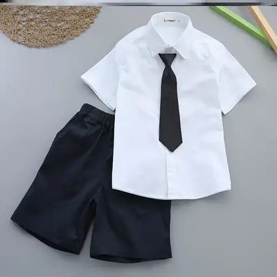 Boy's White Shirt & Black Pants Summer Suit with Red Tie