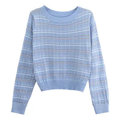 Blue Striped Knit Short Top with High Waist Pants