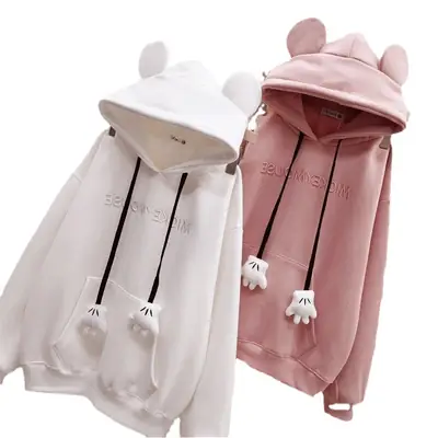 Women's Fleece Hoodie White Pink Bear Ears Loose Fit