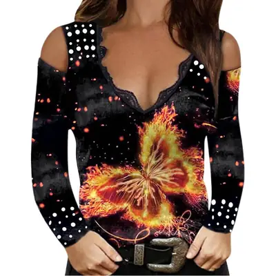 2021 Rose Butterfly Printed Off-Shoulder V-Neck T-Shirt Purple
