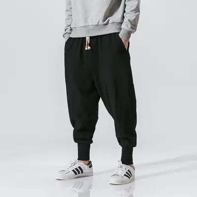 Men's 2024 Casual Pants Black Red Blue Cotton Linen Suspenders Cropped