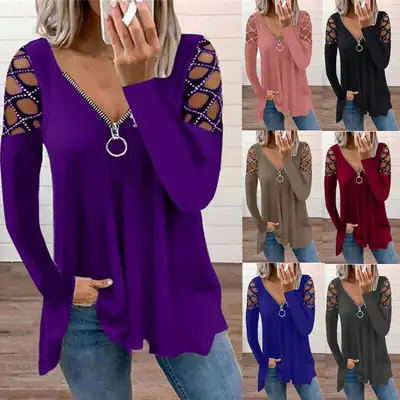 2025 V-Neck Hollow Sleeve T-Shirt Women Black