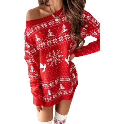 2021 Women Knitted Red Winter Sweater Dress