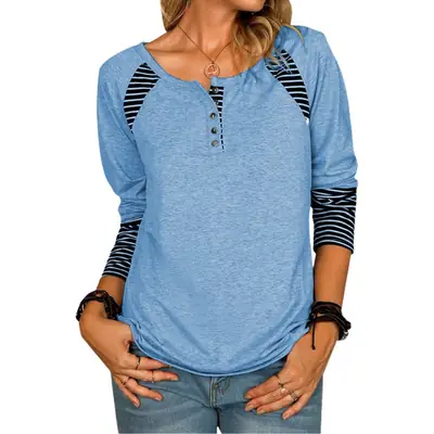 Women Long Sleeve Printed Striped Blue T-Shirt