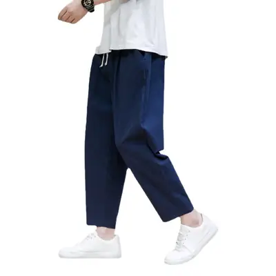 Men's Japanese Style Cotton Linen Cropped Pants Large