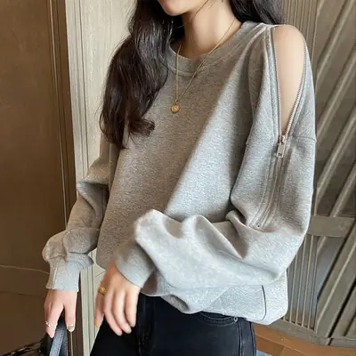 Women's Grey Zipper Off-Shoulder Sweater Long Sleeve