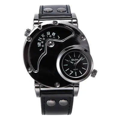 Men's Black Quartz Double Time Zone Watch with Leather Strap
