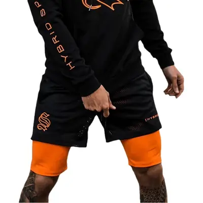Men Black Orange Two Layer Sports Shorts Training Pants