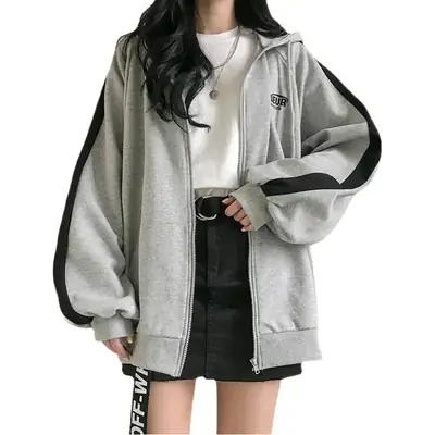 Women Grey Hooded Zipper Sweatshirt Autumn 2025