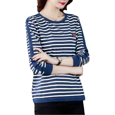 Women Long Sleeve Striped T-Shirt Cotton Mother's Size