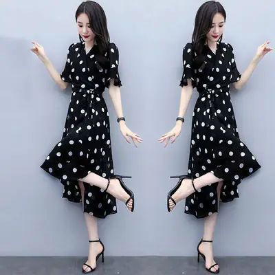 Black Polka Dot Waist Slimming Dress for Women