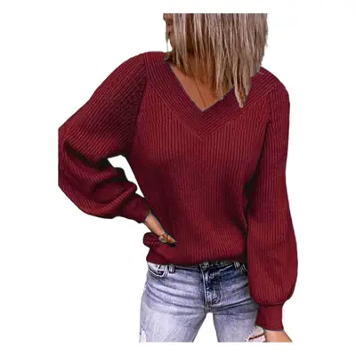 2023 Women's Grey Ribbed V-Neck Sweater Large