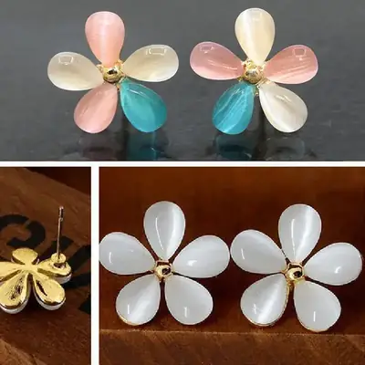 Korean Cat's Eye Flower Earrings White 5 Petal