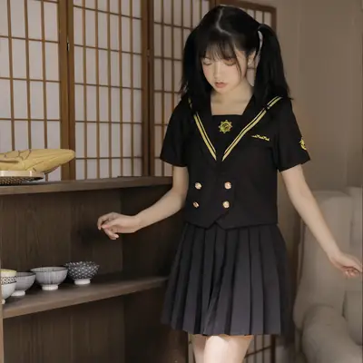 Japanese Girl Sailor Suit Black Plaid Middle Suit Set