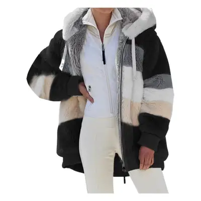 Women Hooded Plush Coat Green White Patchwork Zipper