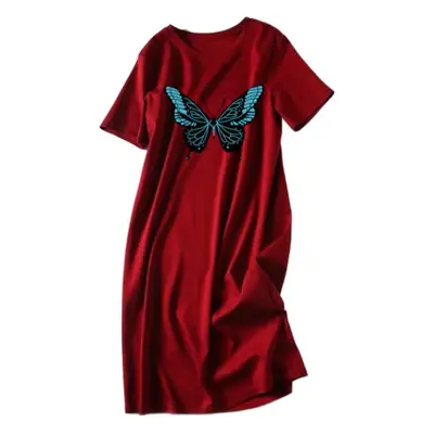 Women Printed Butterfly T-shirt Dress Red Mid-Length Casual