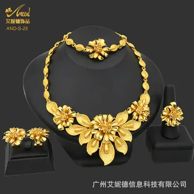Cross-Border Dubai Middle Eastern Jewelry Set Bride Wedding Necklace Ring Earrings Bracelet Four-Piece Set Jewelry Wholesale