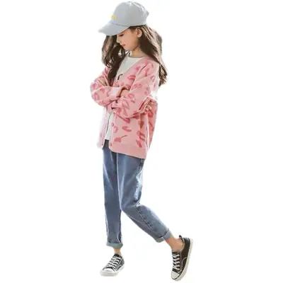 Girls Pink Leopard Print Cardigan Sweater New Medium Large