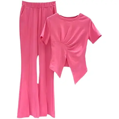 Women 2-Piece Summer Suit Gray Wide Leg Pants Korean Style