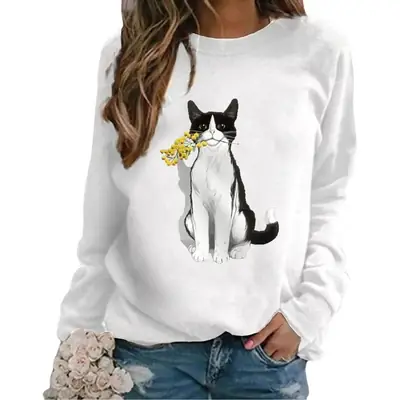 Women Green Cat Print Sweatshirt 2021 Spring Autumn