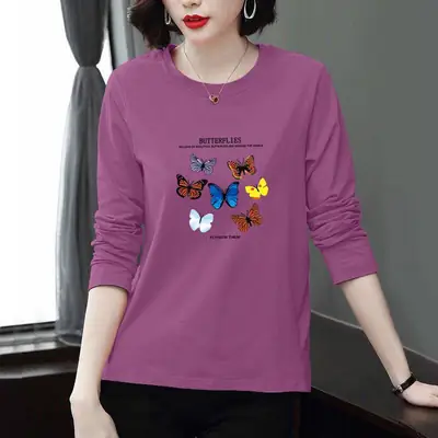 Long Sleeve Butterfly Print Women T-Shirt White