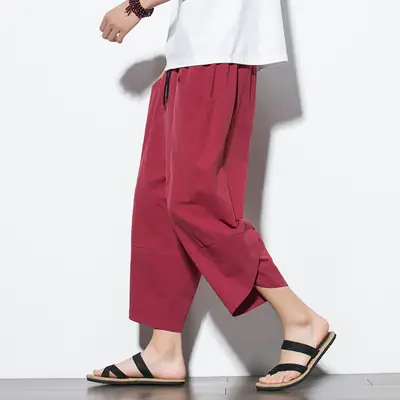 Men's Cotton Linen Loose Capri Pants Maroon Large