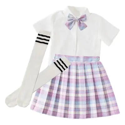Girls Plaid Skirt Set with Bow & White Socks