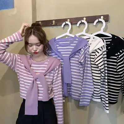 Women Striped Long Sleeve T-Shirt Purple Pink Loose Korean Style